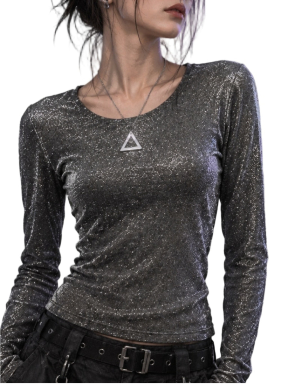 Second Skin by RD Style Sofie Scoop Neck Long Sleeve Top - Glitter Black M